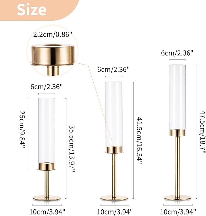 Nuptio Gold Candlestick Holder Tall Hurricane Candle Holder Set of 3 Taper Candle Holders Candle Stand Glass Cover Candlesticks Holders Table Centerpiece for Wedding Party Birthday Christmas Decor