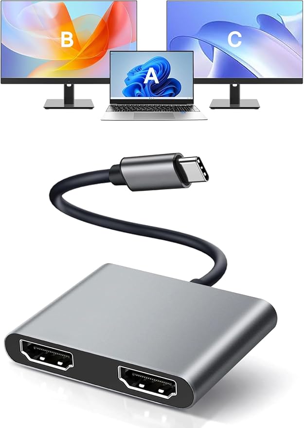USB C to Dual HDMI Adapter, with 2 4K@60Hz HDMI Docking Station, Type C to HD Splitter for 2 Monitors, Suitable for MacBook Air/Pro, Dell, HP, Lenovo, Chromebook, Surface USB Type C Laptops