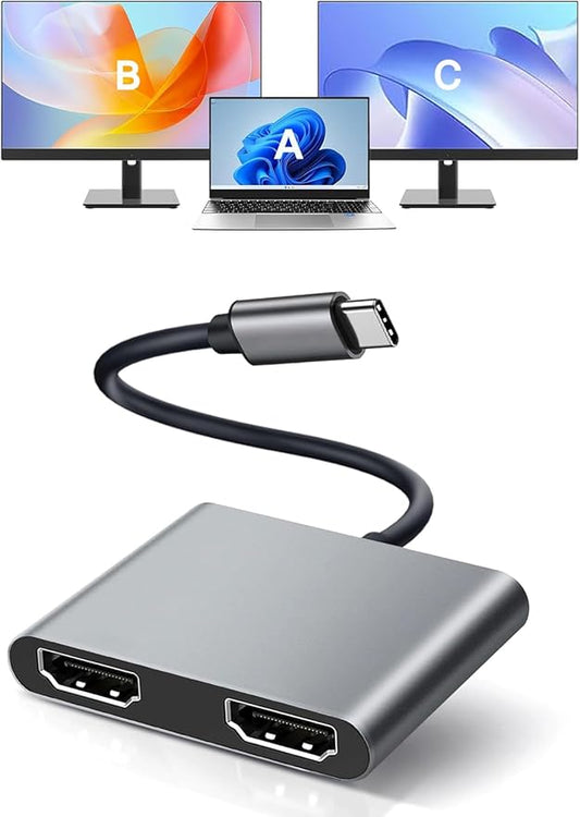 USB C to Dual HDMI Adapter, with 2 4K@60Hz HDMI Docking Station, Type C to HD Splitter for 2 Monitors, Suitable for MacBook Air/Pro, Dell, HP, Lenovo, Chromebook, Surface USB Type C Laptops