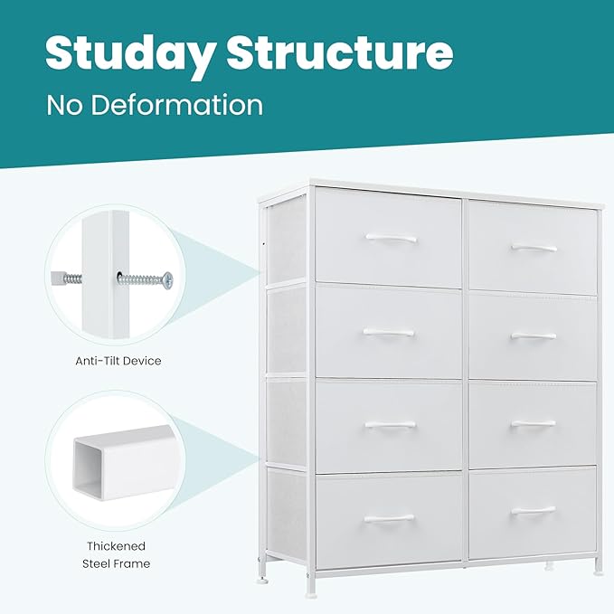 OLIXIS Dresser for Bedroom, 8 Storage Drawers, Tall Large Fabric Storage Tower Organizer, Chest of Drawers with Metal Frame Wooden Top for Nursery, Closet, Living Room, Entryway, Classic White