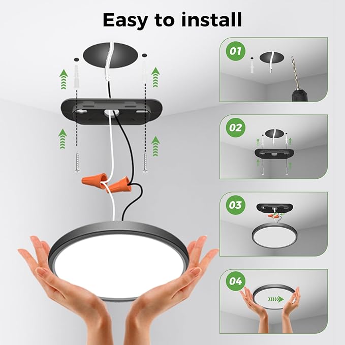 zemty LED Ceiling Light Fixture, 6.5-Inch 12W 1200lm Small Flush Mount Light, Adjustable 3000K 4000K 6500K Color Temperatures, Round Flat Recessed Lamp for Kitchen Closet Hallway Laundry, Black