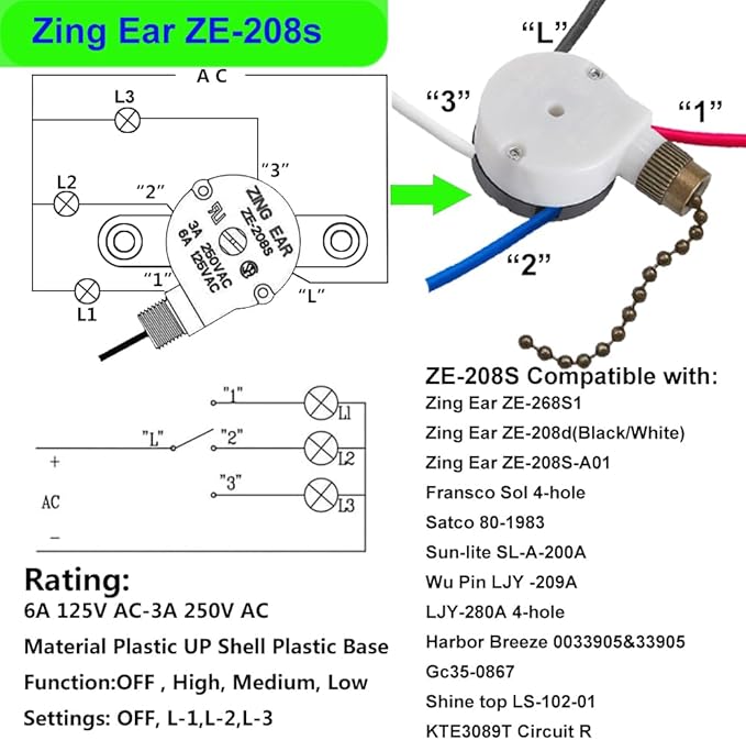 Ceiling Fan Switch Zing Ear ZE-208s E89885 3 Speed 4 Wire Pull Chain Switch with 4 Pre-Installed Wires Replacement Part for Hunter, Hampton Bay, Harbor Breeze Fans (Bronze Chain)
