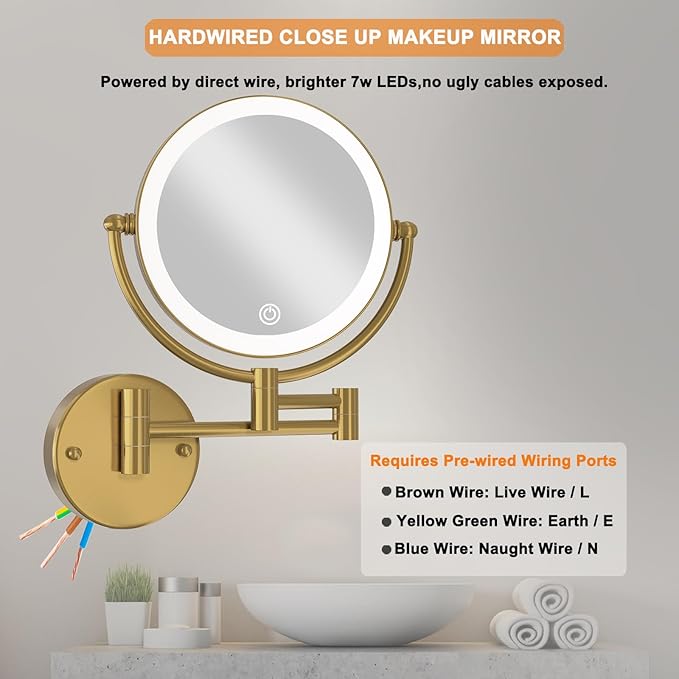 Hardwired Bathroom Makeup Mirror Wall Mount Gold, Double Sided 1/10X Magnifying Make up Mirror with Lights 3 Color & Adjustable Brightness, 360 Swing Arm Shaving Mirror, Brushed Moderne Brass