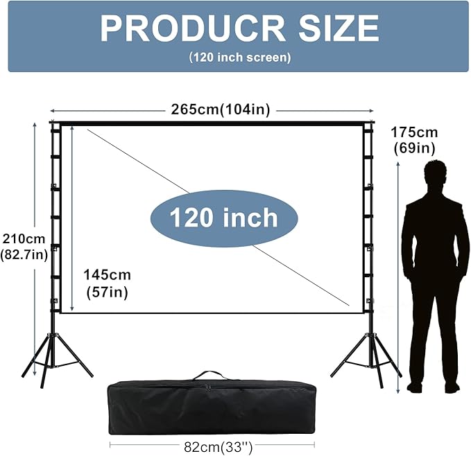 120 Inch Projector Screen with Stand, 4K HD 16:9 Movie Screen for Backyard, Outdoor Movie Nights and Business Presentations, Portable Foldable Anti-Crease Screen with Carry Bag