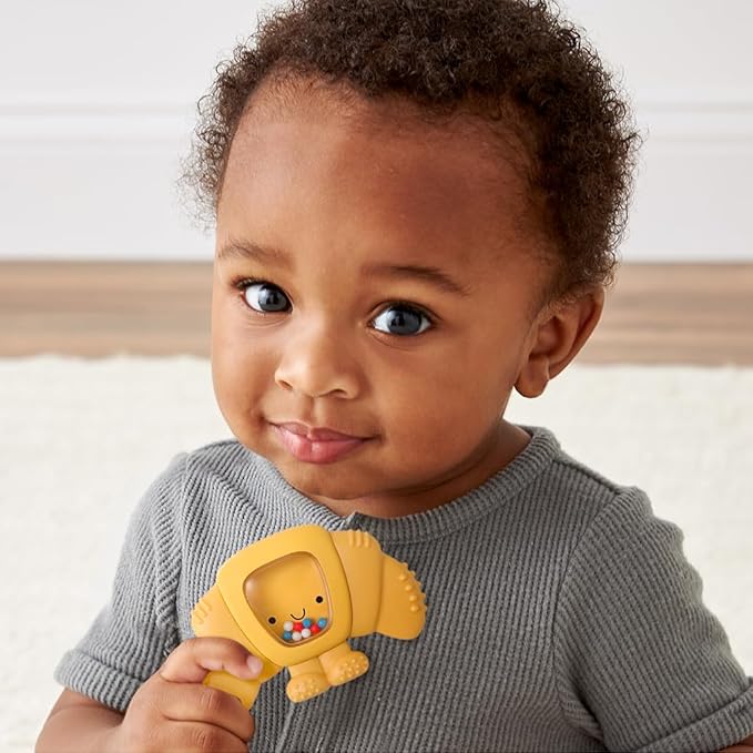 Itzy Ritzy Silicone Rattle Teether– BPA-Free Silicone Teether with Rattle for Babies & Toddlers – Features a Gentle Rattle Sound, Colorful Beads & Multiple Textures (Croissant)