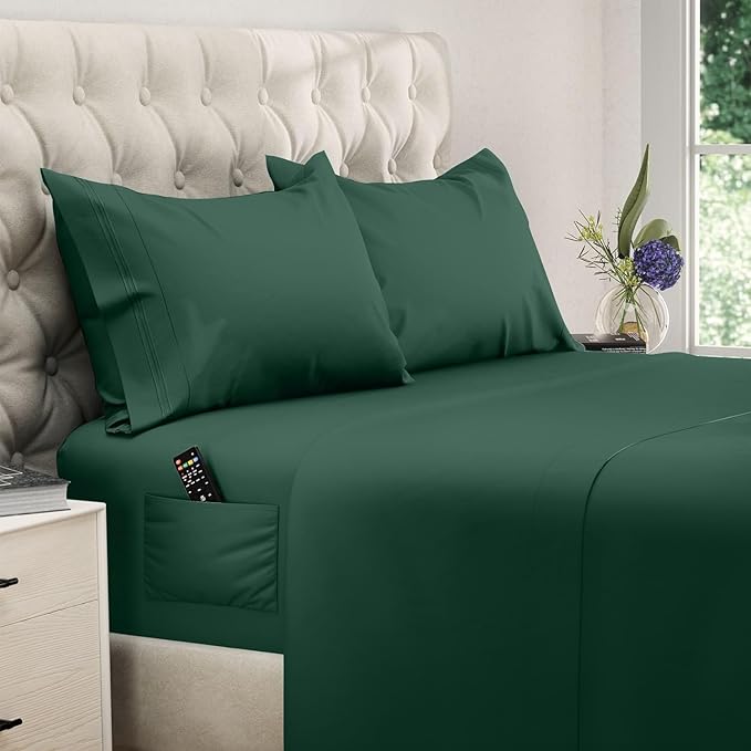 DREAMCARE Queen Sheet Set – 4 pcs Cooling Sheets – up to 21” Extra Deep Pocket Queen Sheets – Hotel Luxury Pillowcases – Superior Softness 100% Microfiber with Side Pocket - Emerald Green