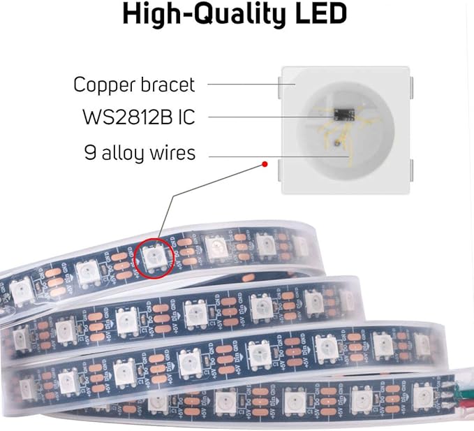 BTF-LIGHTING WS2812B RGB ECO LED Strip, Chasing Effects 5050SMD Individually Addressable 3.3FT 60Pixels/m Flexible Dream Color IP65 for Bedroom DIY Projects DC5V(No Adapter or Controller)