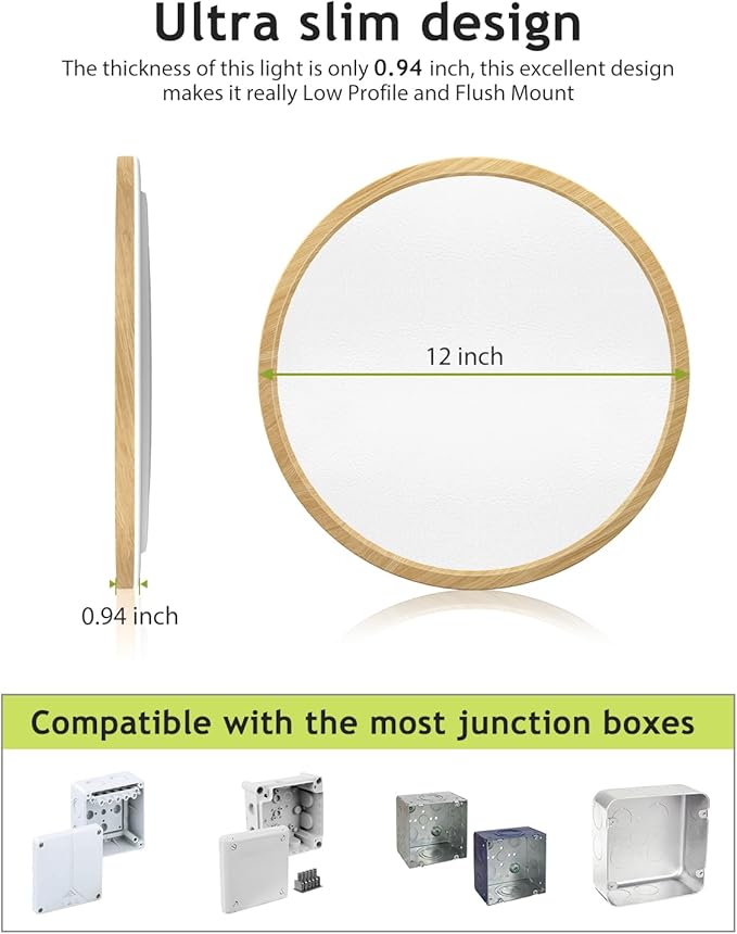 1PACK Flush Mount LED Ceiling Light Fixture Wooden, 12Inch 28Watt, Dimmable & 3000K-4500K-6000K 3 Color Selectable Ceiling Lamp 3200LM Low Profile Ceiling Light for Kitchen Bedroom Hallway Porch