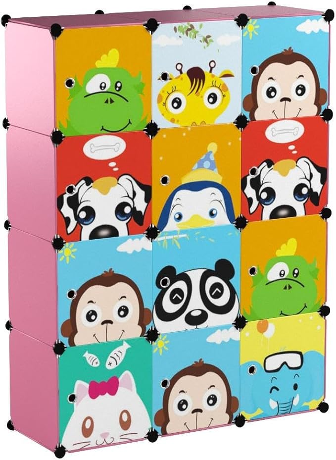 MAGINELS Children Wardrobe Kid Dresser Cute Baby Portable Closet Bedroom Armoire Clothes Hanging Storage Rack Cube Organizer,(Pink, 8 Cube & 2 Rod)