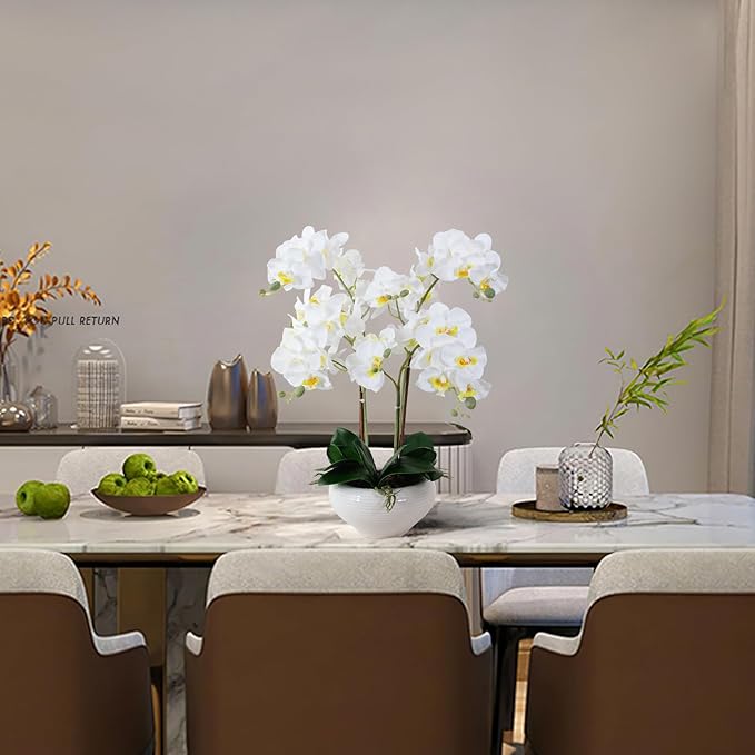 Ziwon Artificial Orchid Flowers Potted in Ceramic Pot, White Faux Phalaenopsis Orchids for Table Centerpiece, Realistic Fake Flower in vase for Home Office Decor Indoor