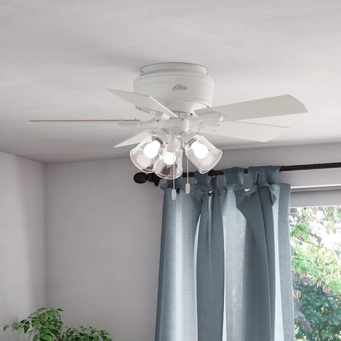 Hunter Fan Company 52152, 42 inch Crestfield Matte Silver finish Low Profile Flush Mount Ceiling Fan with Lights LED and Pull Chain