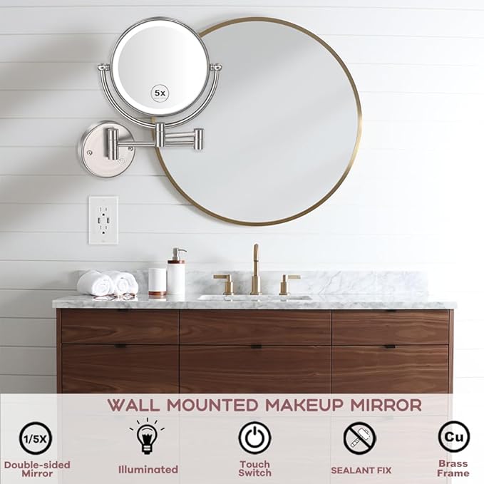Premium 8" Brass Lighted Wall Mount Makeup Mirror with Magnification, 1X/5X Double-Sided Adjustable Bathroom Wall-Mounted Mirrors Swing Arm, Touch Dimming, Brushed Nickel Finish, Hard Wired