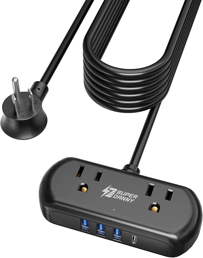 SUPERDANNY Power Strip with USB, 9.8ft Mini Desktop Charging Station with 2 Wide-Spaced Outlets & 4 USB Ports, Portable Flat Plug Extension Cord for Travel, Dorm, Room, Home Office Essentials, Black