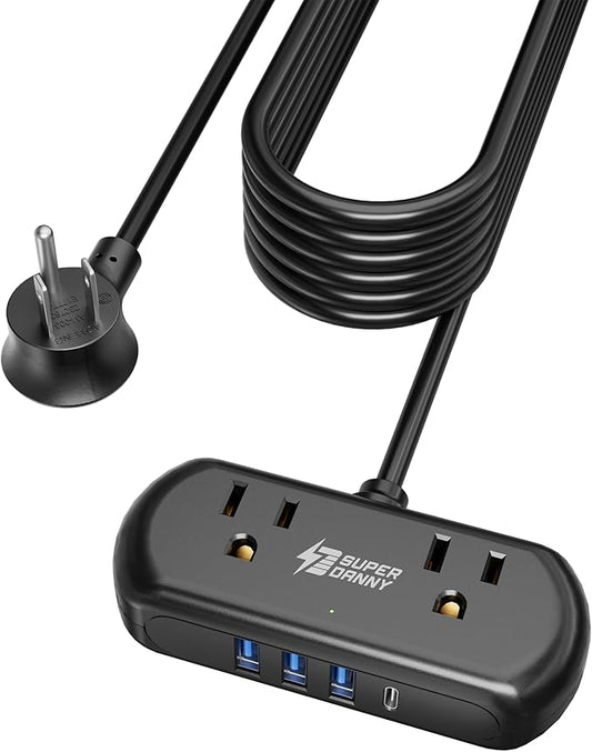 SUPERDANNY Power Strip with USB, 9.8ft Mini Desktop Charging Station with 2 Wide-Spaced Outlets & 4 USB Ports, Portable Flat Plug Extension Cord for Travel, Dorm, Room, Home Office Essentials, Black