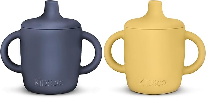 Silicone Sippy Cups with Easy Grip Transition Handles and a Soft Spout. A Non Toxic No Spill Unbreakable Training Cup 150ml/5oz |2-PACK Midnight Blue and Canary|
