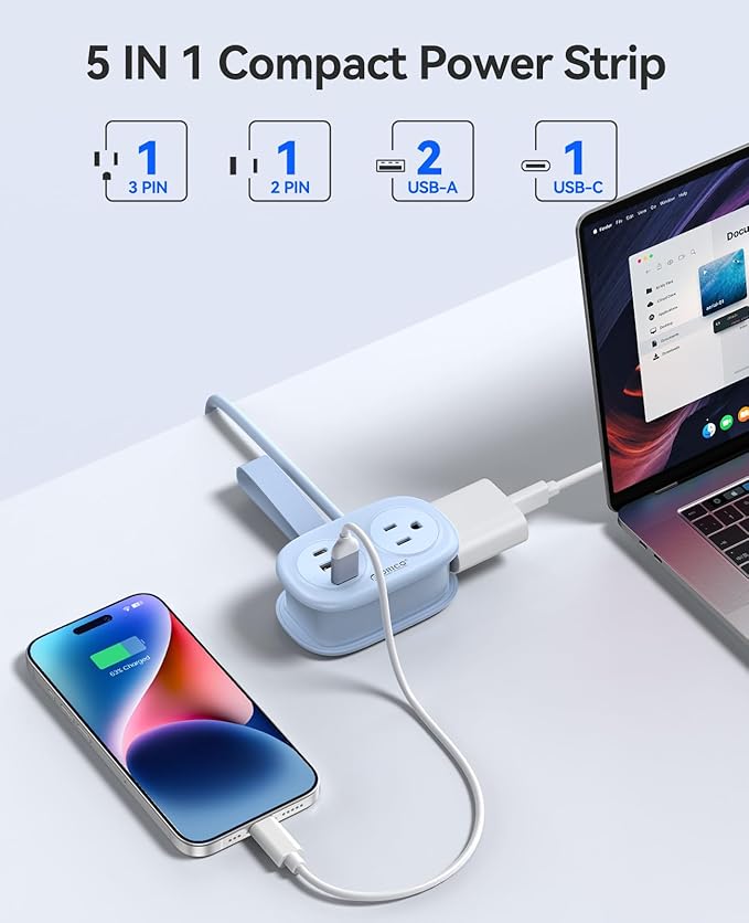 ORICO Pocket Power Strip for Travel, 5 in 1 Extension Cord with 2 AC Outlets 2 USB-A and 1 USB-C Ports, 3.7 ft Flat Plug Wrapped Around Power Strip for Cruise Office, Hotel, Home- AP3