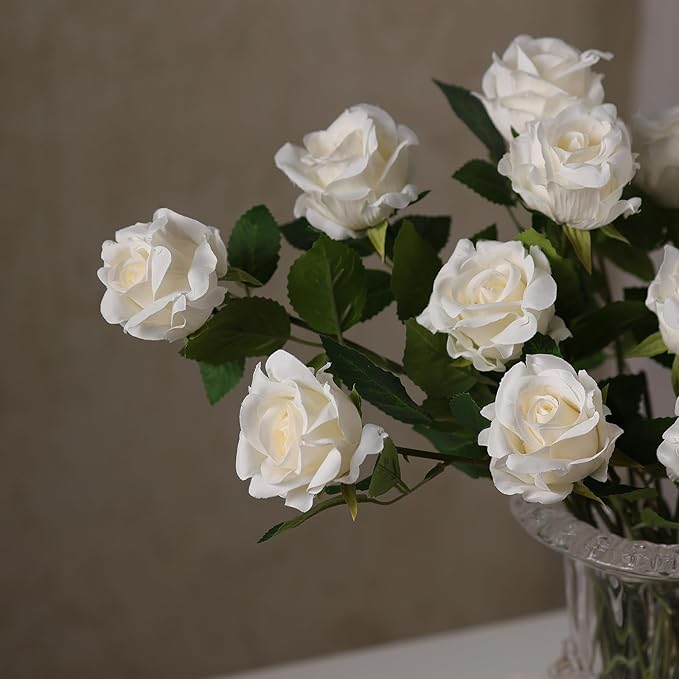 FOTEEWL 60 Pcs Artificial Rose Flower Realistic Faux Silk Roses Stem Fake Roses Bouquet for Flower Arrangement,Wedding Centerpieces,Party,Home Decorations (Beige)