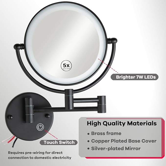 Hard Wired Make up Mirror Magnifying Lighted Black Wall Mounted, 8" 1X/5X Double-Sided 360 Swivel Extendable Arm Bathroom Makeup Mirror Wall Mount, Touch Dimmable, Matt Black