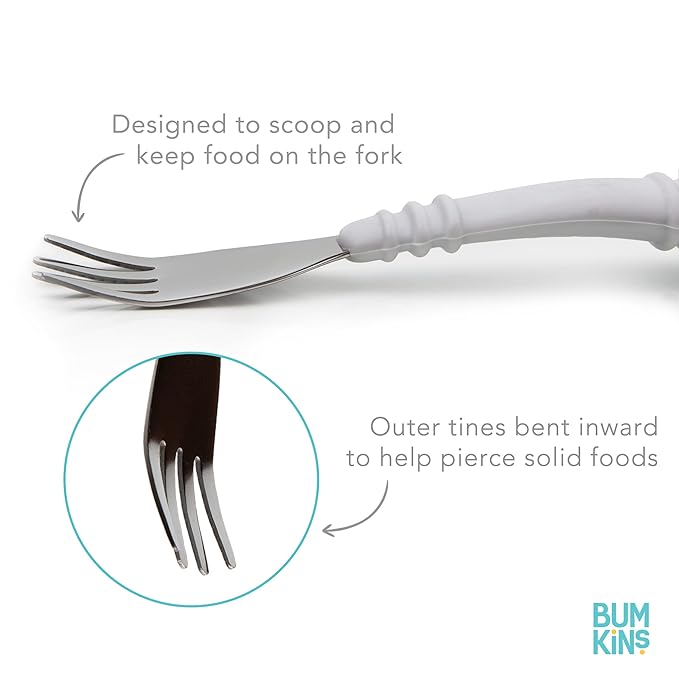 Bumkins Toddler Utensils, Kids Size Fork and Spoon Set, Silicone and Stainless-Steel Training Silverware, Angled Forks / Sporks for Self-Feeding, Children Hold Learning to Eat, 18 Mos Up, Dark Blue