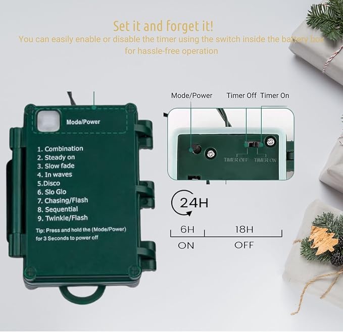 koopower 36ft 100 LED Battery Operated Christmas Lights with Timer (8 Modes), IP65 Waterproof for Christmas Tree, Green String, Warm White
