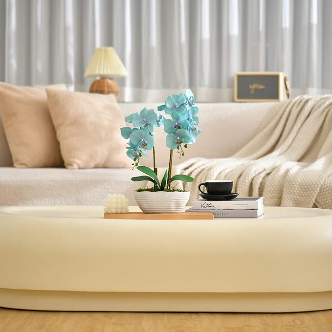 Large Artificial Potted Orchid Plant, Silk Flower Arrangement with Ceramics Vase, Golden Blue