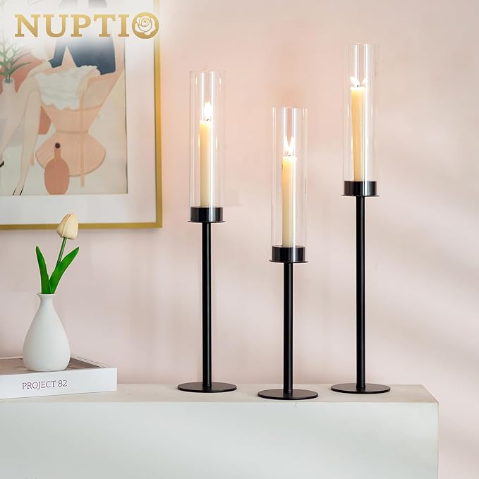 NUPTIO Hurricane Glass Candle Holders: 3 Pcs 23.6 & 21.7 & 19.7 in Tall Black Modern Metal Candlestick Tapers Holder with Cylinder Sleeves Antique Taper Candles Stand for Halloween Christmas Decor