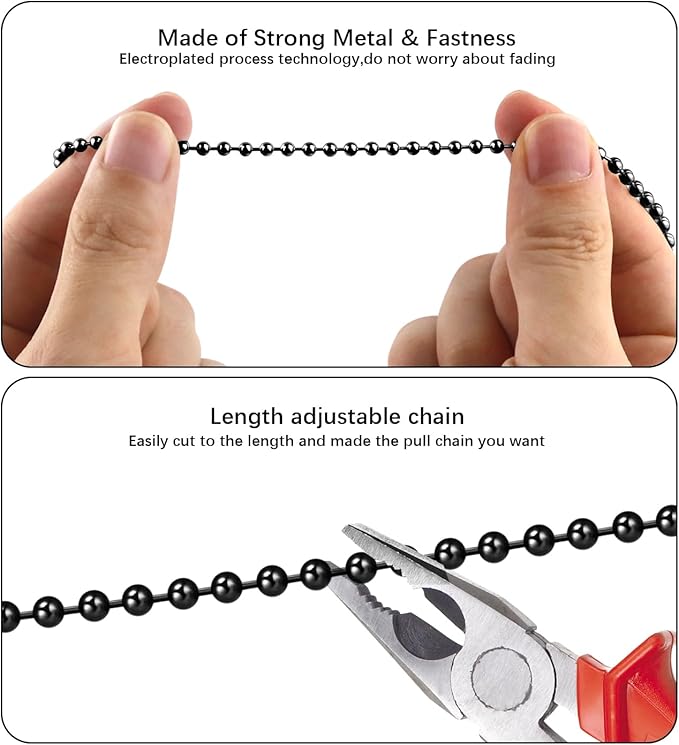 Black Ceiling Fan Pull Chain, 4Pcs 12 Inches Decorative Fan Pull Chain Ornaments Extension, 3mm Diameter Beaded Ball Fan Pull Chain Extender with Connector (4 Pack)