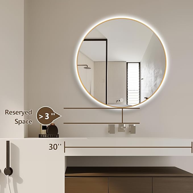 24" Round LED Bathroom Mirror, Wall Mounted Round Backlit Mirror LED Bathroom Vanity Mirror with Light Fog Free Circle Lighted Mirror with Gold Frame, Smart Light up Mirror 3-Color