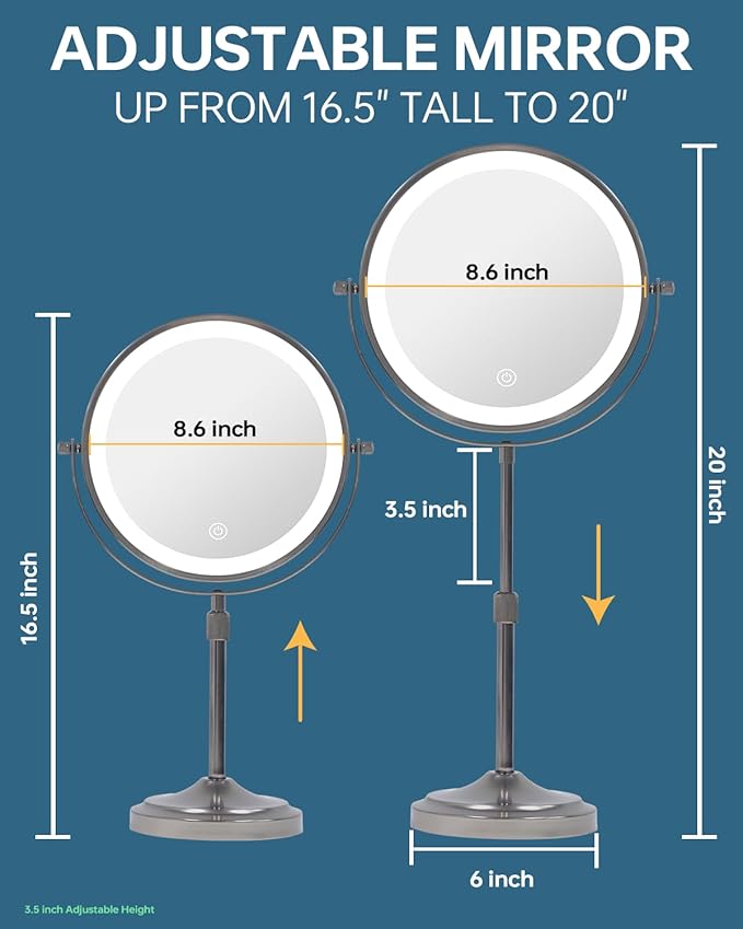 9" Lighted Makeup Mirror with with Lights and Magnification 1X/10x, 5000mAh Rechargeable Magnifying Vanity Mirror, 3 Light Colors Dimmable & Height Adjustable Mirror Gunmetal Grey