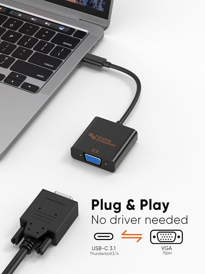 CableCreation USB C to VGA Adapter for Old Mac Monitor, Type C to V G A 1080P@60Hz,USBC to VG A Convert Thunderbolt 3/4 to V GA for iPhone 15/16 Series, MacBook Pro/Air,iPad Pro, iMac, Surface Book
