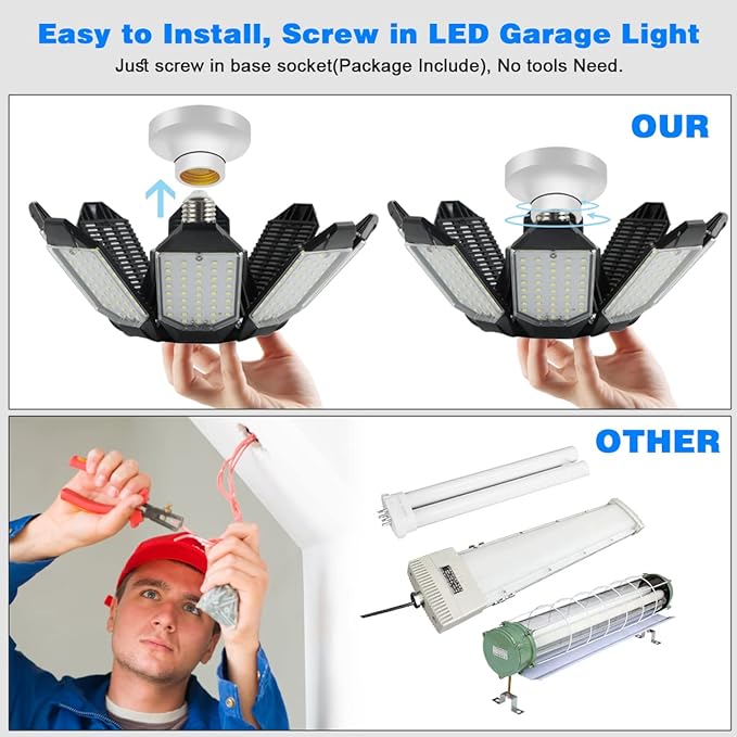 Garage Lighting - 80000LM Super Bright 6500K Garage Lights Ceiling Led w/ 8 Deformable Panels Compatible for E26/E27 Screw in Garage Light Bulb for Shops Barn Basement Attic - 4Pack