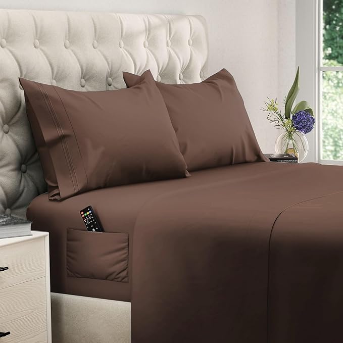 DREAMCARE Queen Sheet Set – 4 pcs Cooling Sheets – up to 21” Extra Deep Pocket Queen Sheets – Hotel Luxury – Superior Softness 100% Microfiber with Side Pocket - Mocha Brown