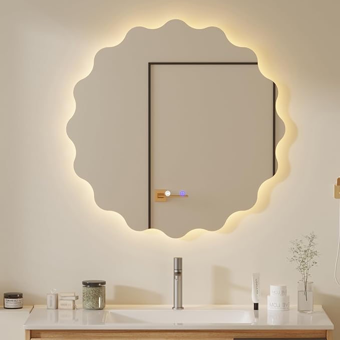 QDSSDECO Irregular LED Bathroom Mirror with Lights,Asymmetrical Led Bathroom Vanity Mirror for Wall with Front and Backlit, Anti Fog, 3 Colors and Dimmable Light, 23" x 23"