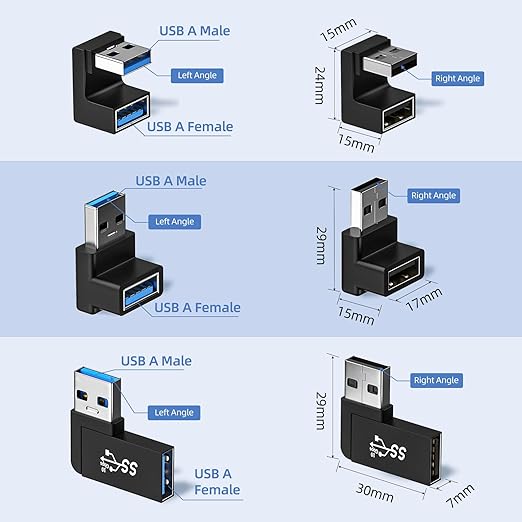 6 Pack 180 Degree & 90 Degree USB 3.1 Adapter, Left and Right Angle USB A Male to Female Extender Connector for PC, Laptop, USB A Car Charger, Surface Pro 7+, Raspberry Pi and More