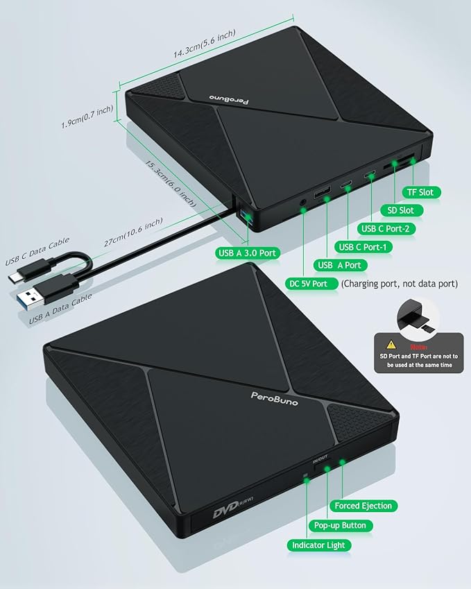 PeroBuno External CD DVD Drive, USB 3.0 Optical Disc Drive, 4 USB Ports and 2 TF/SD Card Slots, CD DVD Burner Writer Reader Player for Laptop MacBook PC Windows 11/10/8/7 Linux OS with Carrying Case