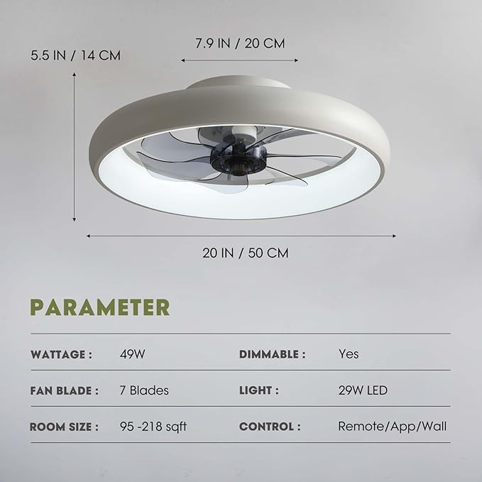 Ceiling Fans with Lights and Remote, 20'' Low Profile Flush Mount, 6 Wind Speeds, Modern Dimmable LED Ceiling Fan, Smart Ceiling Fan for Bedroom, Kids Room (White)