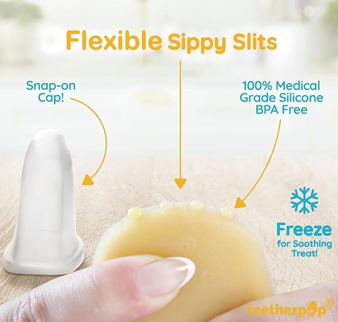 Teetherpop Fillable Silicone Teether for Babies – Breastmilk Popsicle Molds for Teething with Spill-Proof Sippy Slits – Freezable Baby Teethers for Liquids & Purées - Cool Teething Relief (PinkLimon)