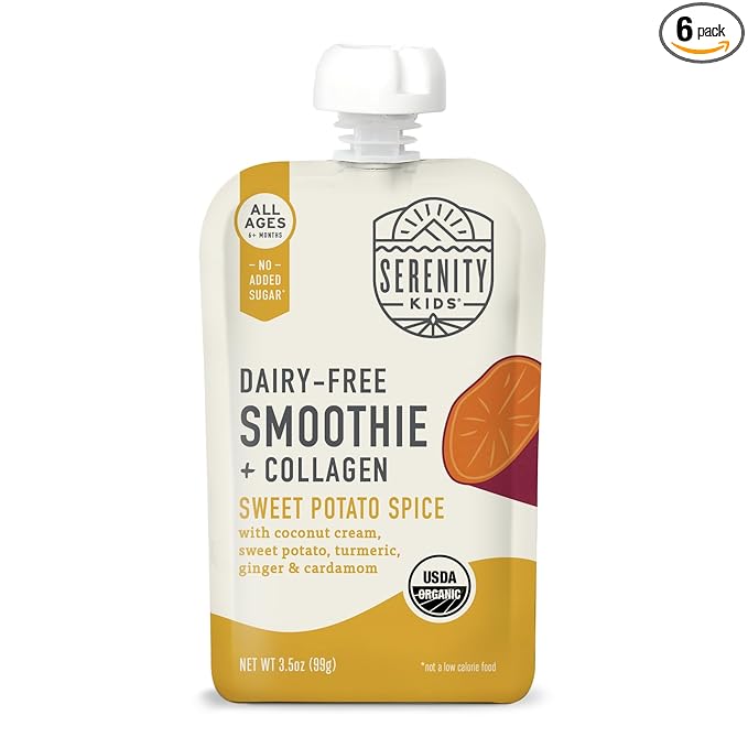 Serenity Kids 6+ Months Dairy-Free Smoothie Baby Food Pouches - USDA Organic, Grass Fed Collagen Protein - 3.5 Oz BPA-Free - Sweet Potato Spice - 6 Count - Smoothie Pouches