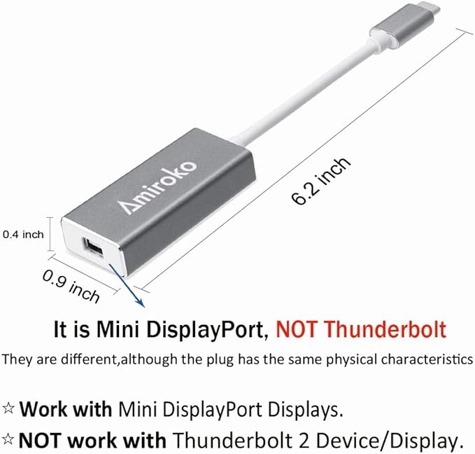 USB-C to Mini DisplayPort Adapter, USB 3.1 Type C (Thunderbolt 3) to Mini DP Adapter Support 4K, 1080P for MacBook Pro, Alienware, to LED Cinema Display/Dell Monitor etc, Gray