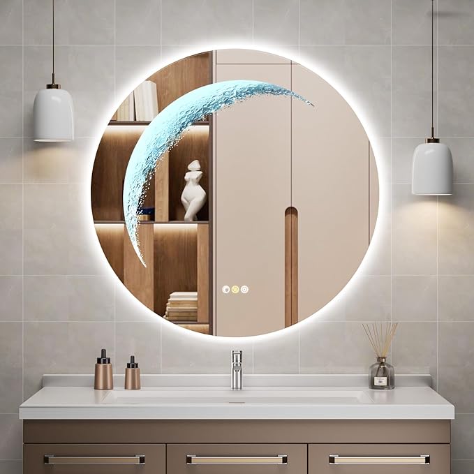 30'' Circle LED Mirror, Frameless Round Smart Mirror with Backlit & Half Moon Light, Anti-Fog, 3 Color Modes, Dimmable Wall-Mounted LED Vanity Mirrors for Bathroom, Bedroom, Entryway