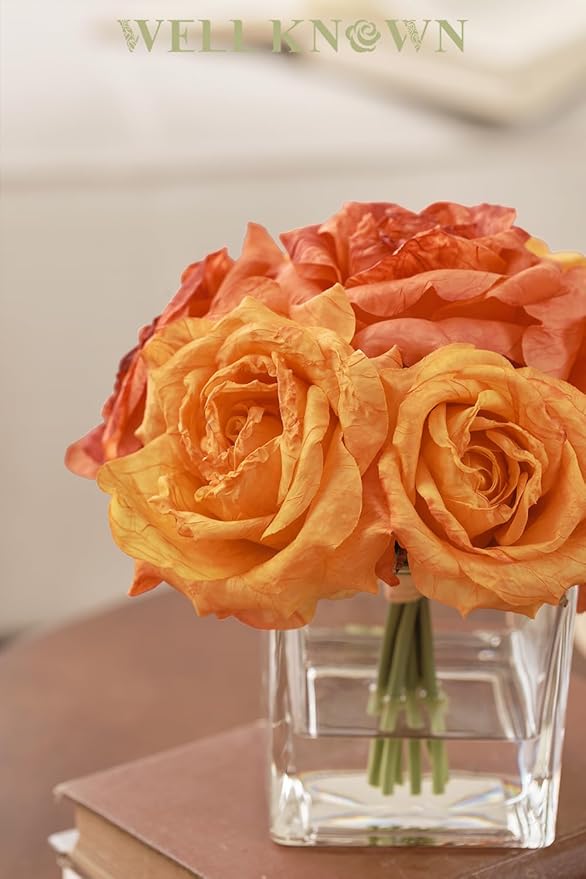 WELL KNOWN Rose Artificial Flowers in Vase with Faux Water, Silk Rose Table Centerpieces for Home Coffee Table Decor, Fake Roses Flower Arrangements for Office Hotel Lavatory Decor (Burnt Orange)