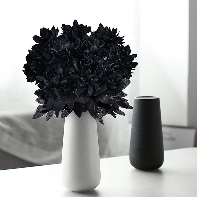 Artflower 10 Pack Artificial Silk Dahlia Bouquet with Long Stem, 16” Black Fake Flower Floral Arrangements Wedding Bridal Bouquet for Halloween Harvest Festival Table Centerpieces Home Decor