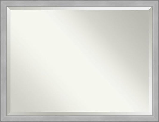 Amanti Art Silver Bathroom Mirror for Over Sink, 33x43 Vista Brushed Nickel Narrow Rectangle Vanity Mirror, X-Large Casual Frame, Hangs Horizonally and Vertically, Bathroom Wall Decor, Beveled Edge