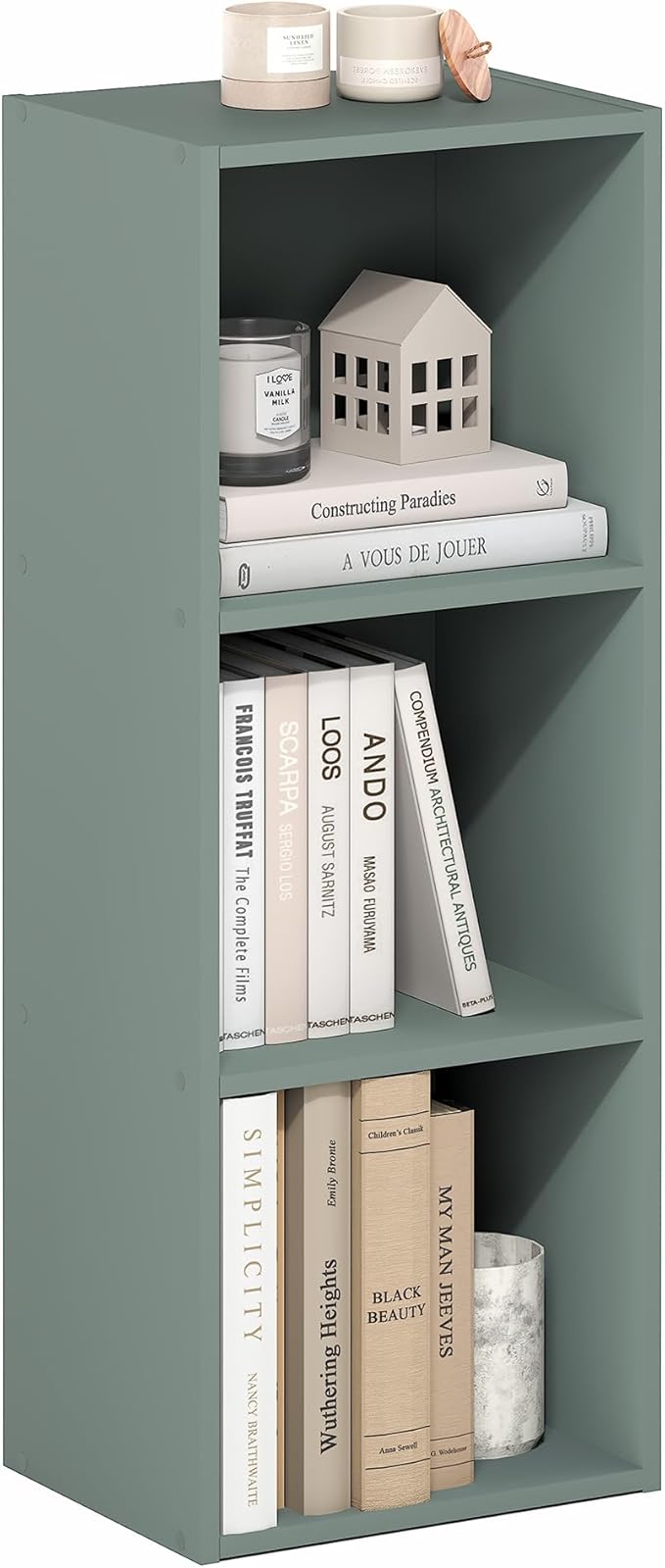 Furinno LUDER Book Shelf, 3-Cube Bookshelf, Bookcase, 9.3" x 12" x 31.5", for Living Room, Bedroom, Home Office, Sage Green