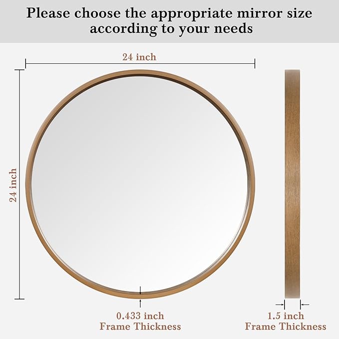 WallBeyond Round Wood Mirror 24" Circle Wall Mirror for Bathroom Round Wall Mirror for Wall Decor, Vanity, Entryway Living Room, Honey