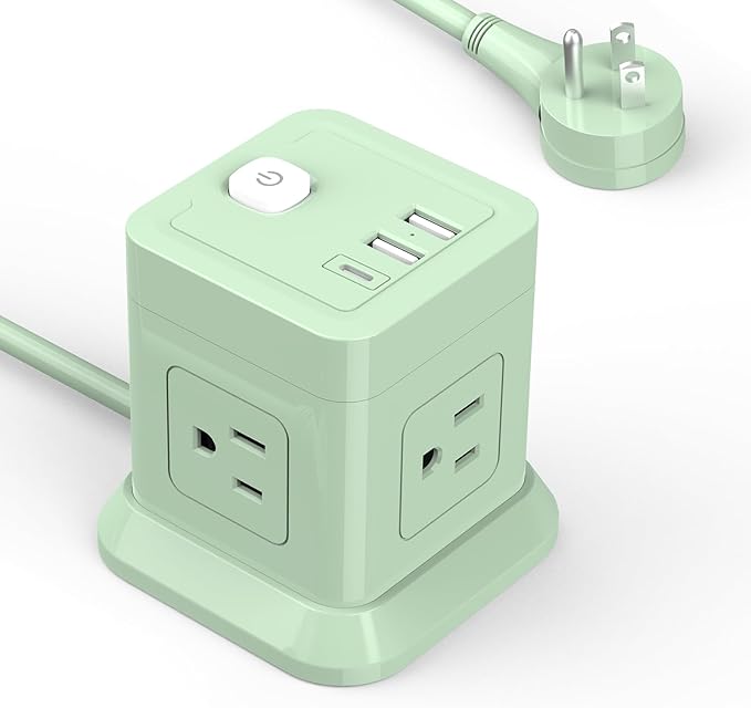 Cube Power Strip, FDTEK 4 Widely Spaced Outlet with 3 USB (1 USB C) Flat Plug Power Strips with Long Extension Cords Space Save Compact Portable for Travel Home Office Cruise - 10FT Green