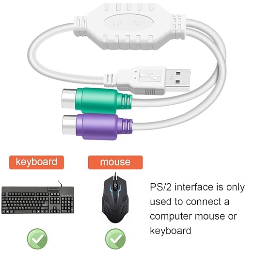 PS2 to USB A Adapter Cable for Keyboard and Mouse - PS/2 Male to USB A Male Plug, Replacement Cord, 2 PCS