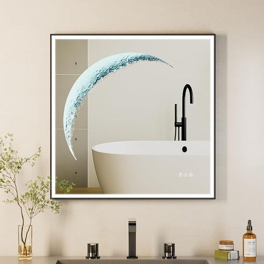 LED Bathroom Mirror, 32x32 inch Square Black Frame Mirror with 3 Color Lights, Half Moon Light, Defogger, Wall Mounted LED Vanity Mirror for Bedroom, Entryway, Living Room, Home Decor