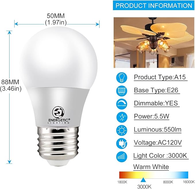 Energetic 5.5W A15 LED Refrigerator Bulb, 40 Watt Equivalent, 3000K Warm White, Dimmable A15 Ceiling Fan Light Bulbs, E26 Base, 2 Pack