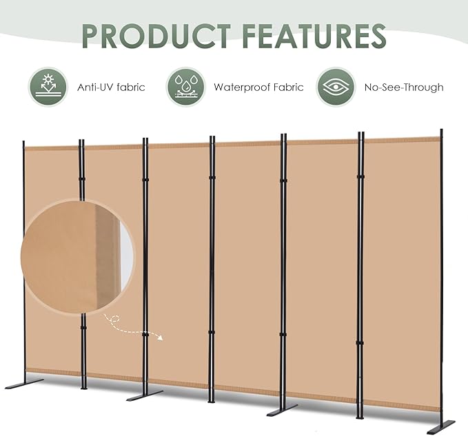 RANTILA 6 Panel Room Divider, 6 FT Folding Privacy Screen with Wide Feet, Freestanding Partition for Room Separation, Portable Room Divider Panel, 133" W x 71" H, Beige